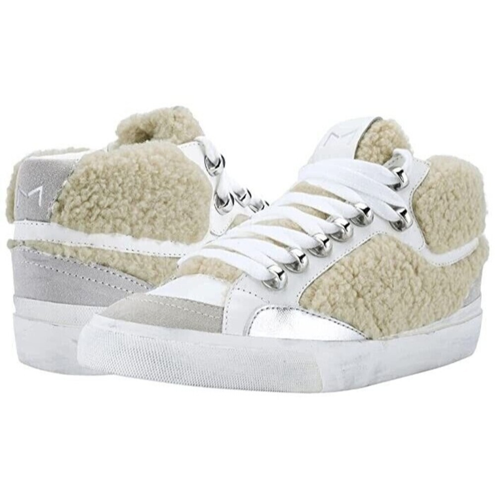 Marc Fisher Women Merin 2 Sneakers Fur Trim White Leather‎ 7.5
